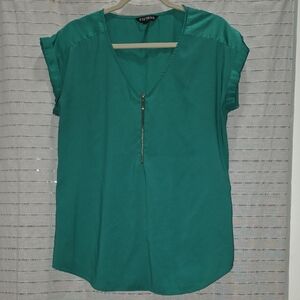 Express Women's Green Short Sleeve Blouse with Zipper Detail